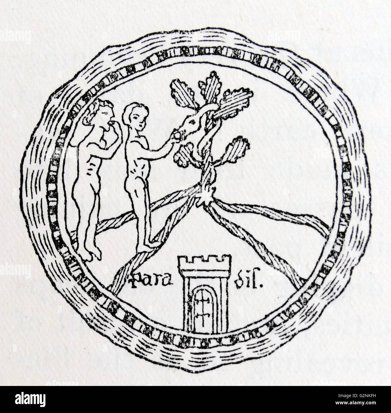 Le Jardin d'Eden avec ses quatre rivières. À partir de la carte du monde de Hereford. Banque D'Images