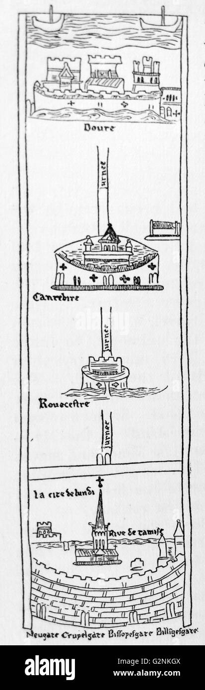 Les premières étapes d'un pèlerinage médiéval : Londres à Douvres. De Matthieu de l'Itinéraire de Paris, 13e siècle. Banque D'Images