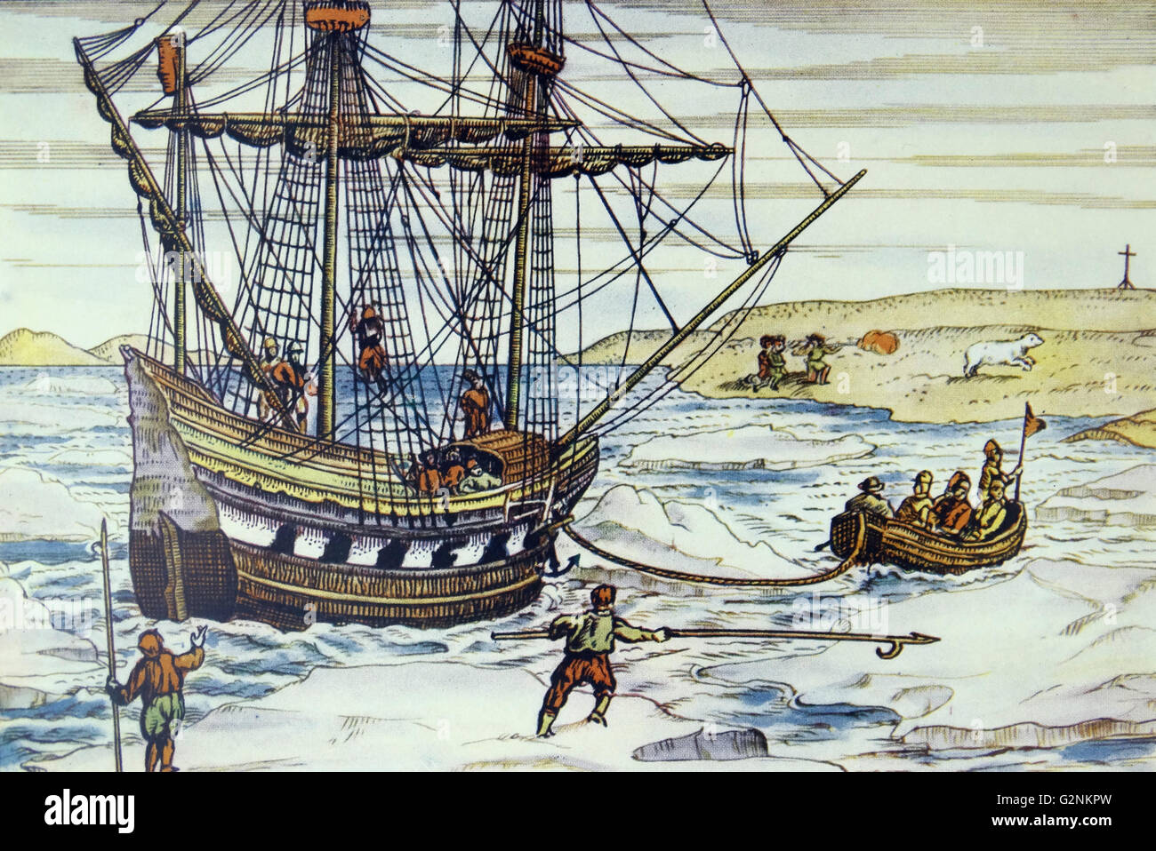 Willem Barents ship parmi les glaces de l'Arctique. À partir d'une gravure sur bois de couleur dans le compte des trois voyages de Barent par Gerard de Veer, publié 1598. Banque D'Images