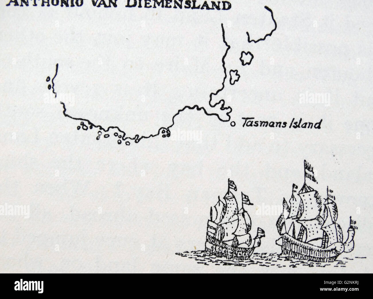 Van Dieman's Land et deux navires de la Tasmanie. Abel Tasman est un marin hollandais, explorateur et commerçant, mieux connu pour ses voyages de 1642 et 1644 dans le service de la Dutch East India Company. Banque D'Images