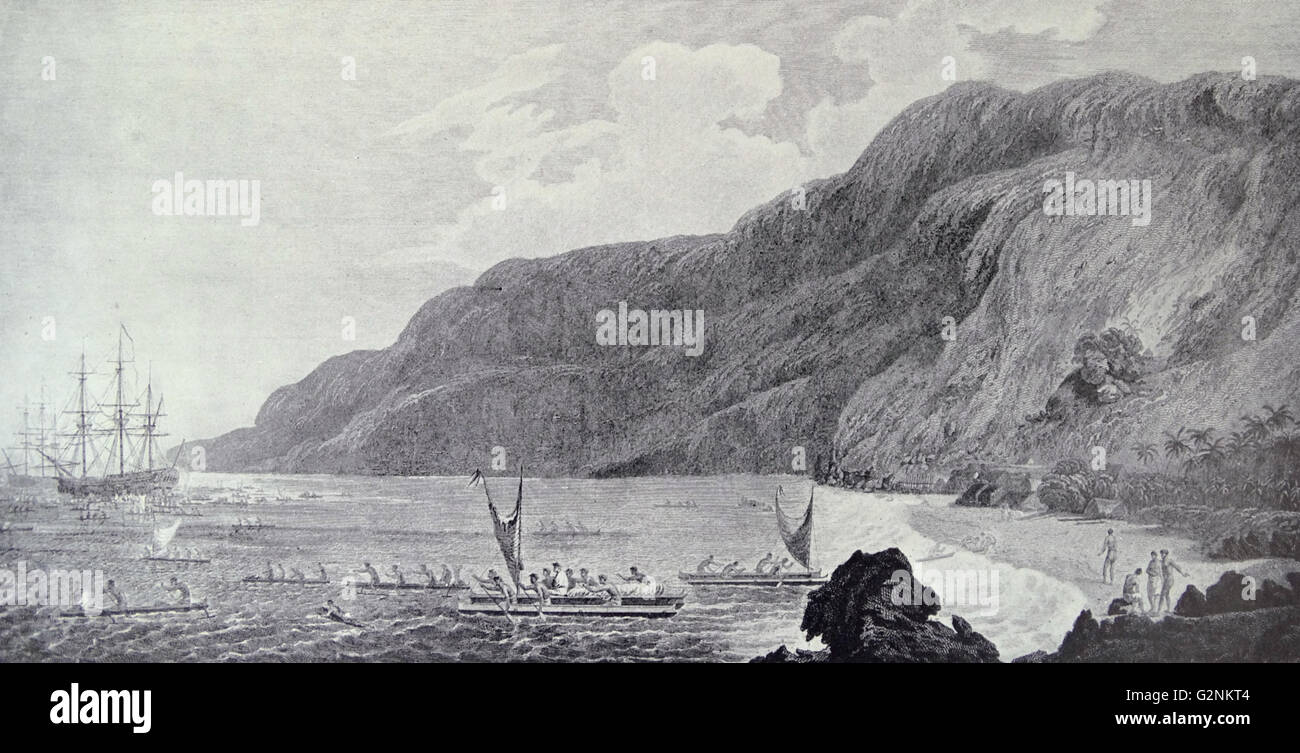 Le capitaine James Cook (1728-1779), le découvreur de l'Îles Sandwich, avec ses navires dans la baie de Kealakekua, Texas, où il a été assassiné. D'une gravure dans l'Atlas de Cook's voyages, 1779. Banque D'Images