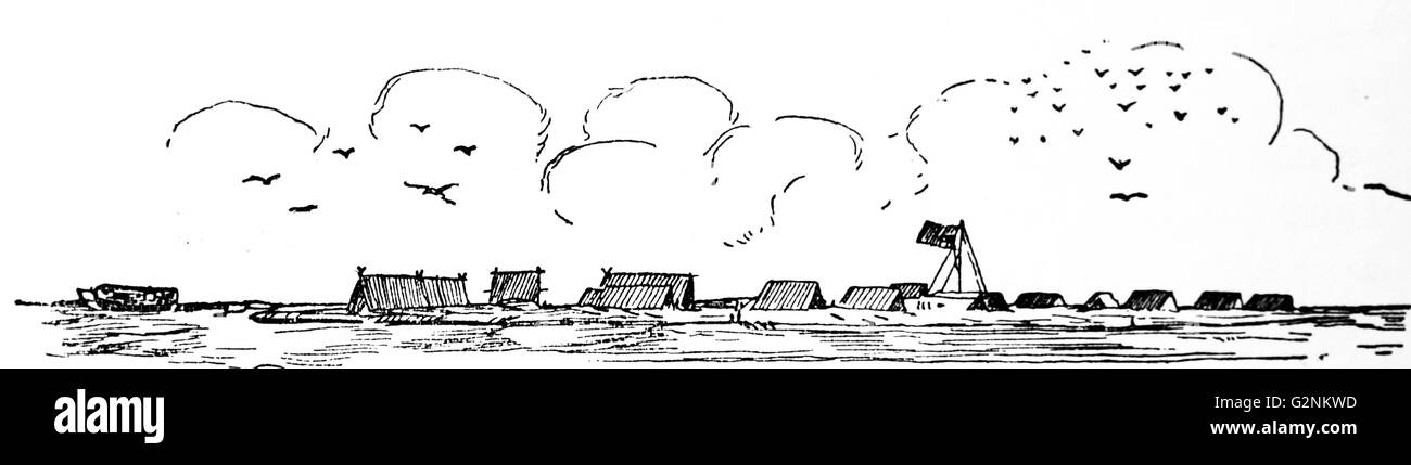 Les cabanes de l'équipage du marsouin sur le banc de sable, l'épave de corail. À partir de la Flinders' Voyages. 1793 Banque D'Images