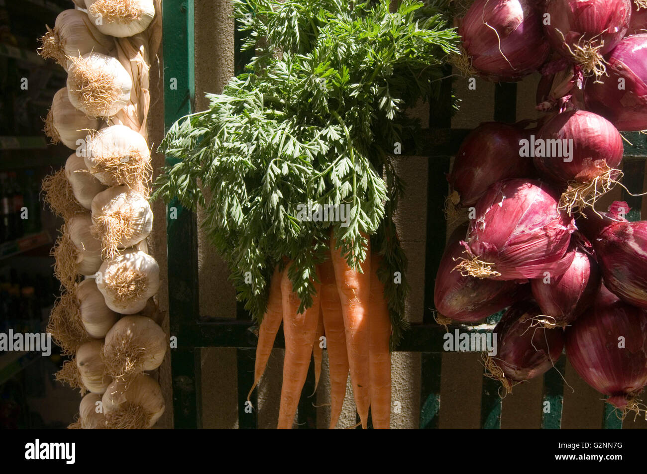 Racine italienne légumes Légumes Carottes ail oignons rouges de girofle girofle carotte top tops verts verts croquants douce saveur naturelle Banque D'Images