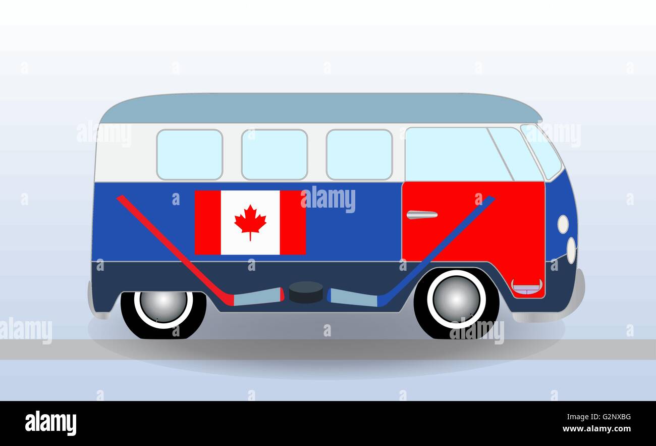 Cartoon minibus avec bâton de hockey et rondelle. Vector Illustration. Illustration de Vecteur
