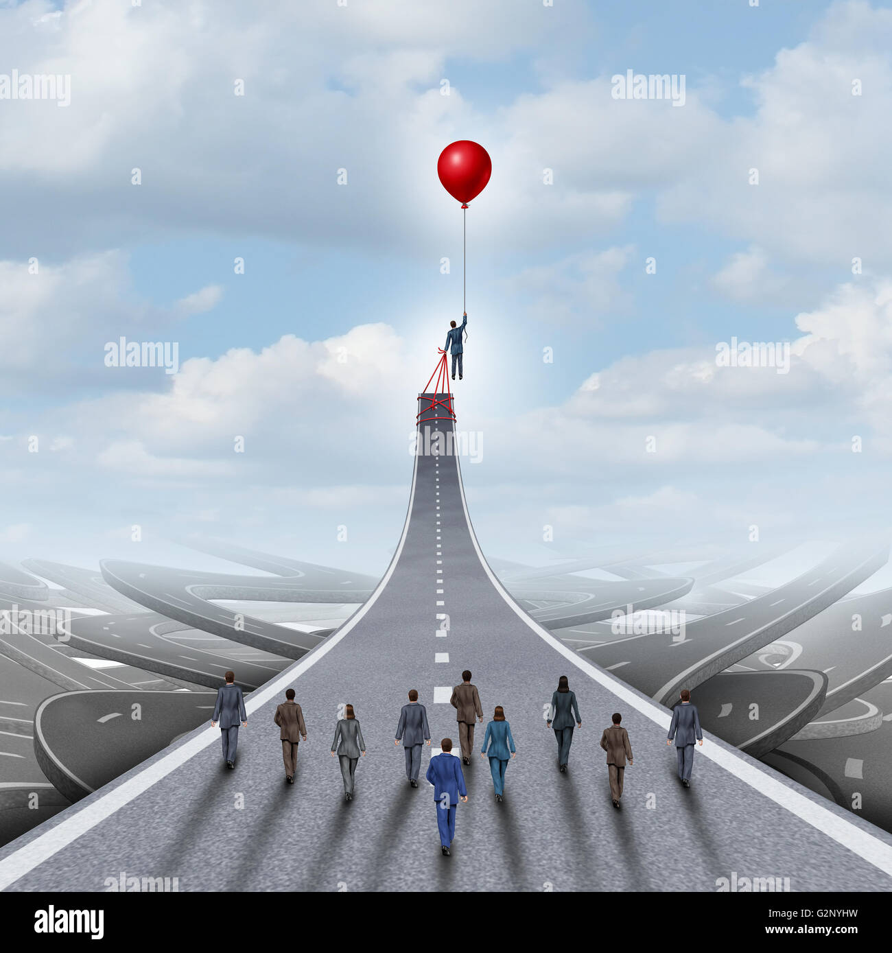 Concept d'Ambitions et réussite de l'entreprise et manager de l'équipe de gestion en tant que symbole d'un homme d'une route de levage avec un ballon comme une métaphore du leadership avec 3D illustration éléments. Banque D'Images