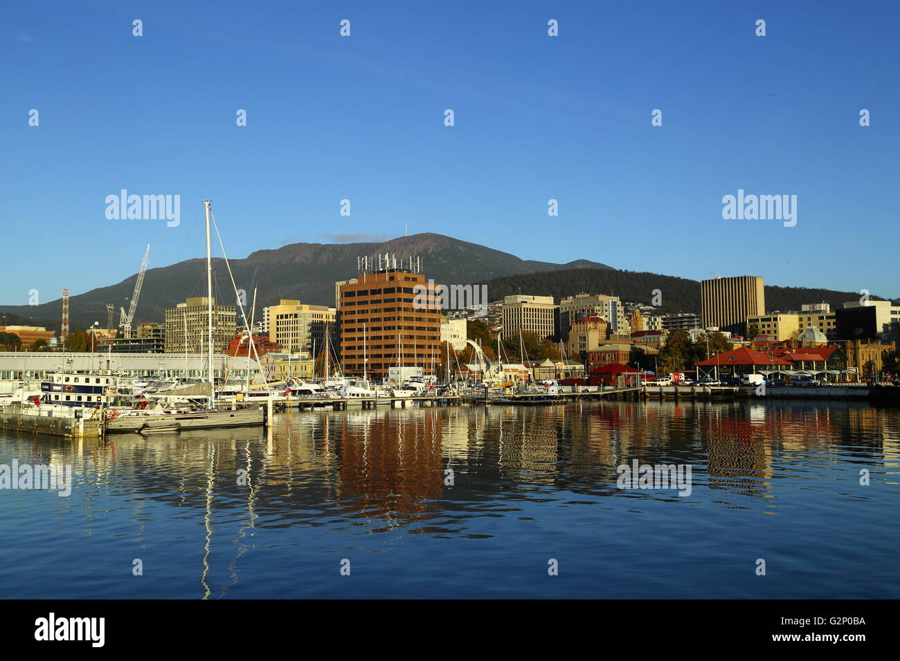 Bateaux de pêche au repos à Constitution Dock, avec Mount Wellington dans l'arrière-plan - Hobart, Tasmanie, Australie. Banque D'Images