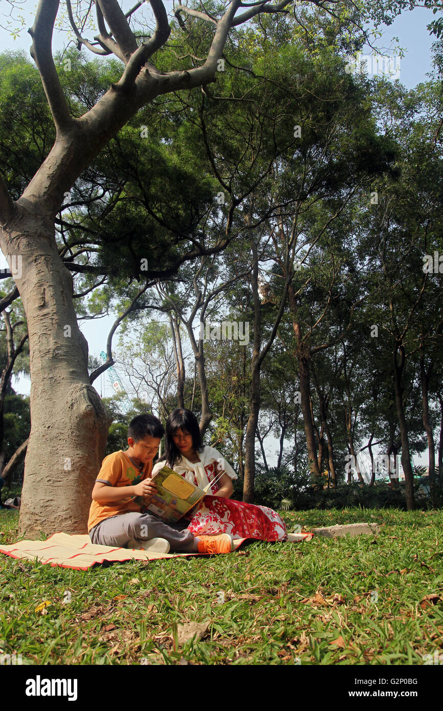 Paysage d'arbres une mère et son fils lisez le livre du soleil ardent enthousiaste chaleureux enthusiastical paternité amour chaleureux Banque D'Images