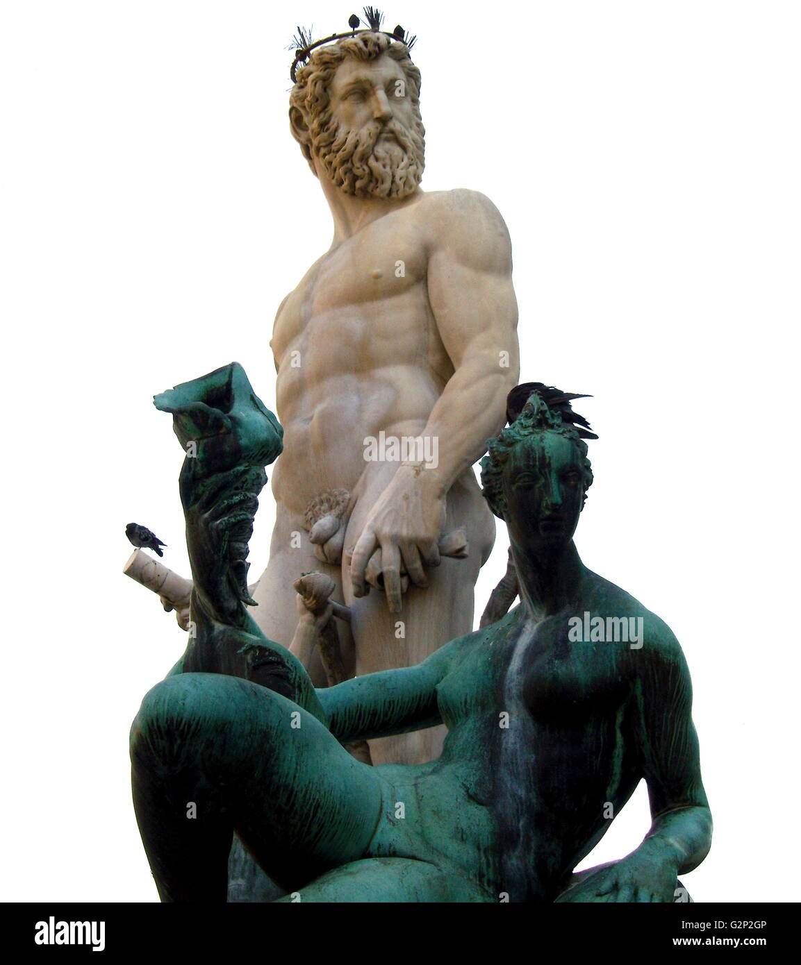 La fontaine de Neptune de la Piazza della Signoria (un carré en face du Palazzo Vecchio) Florence, Italie. Elle a été commandée en 1565 et est par le sculpteur Bartolomeo Ammannati, cependant le design a été fait par Baccio Bandinelli avant sa mort. La sculpture est faite de marbre Apuanes, et est censée représenter la domination florentine sur la mer. Elle a été commandée pour un mariage, et le visage de Neptune ressemble à celui de Cosimo I de Médicis, duc de Florence/Grand-duc de Toscane, et père du marié. Banque D'Images