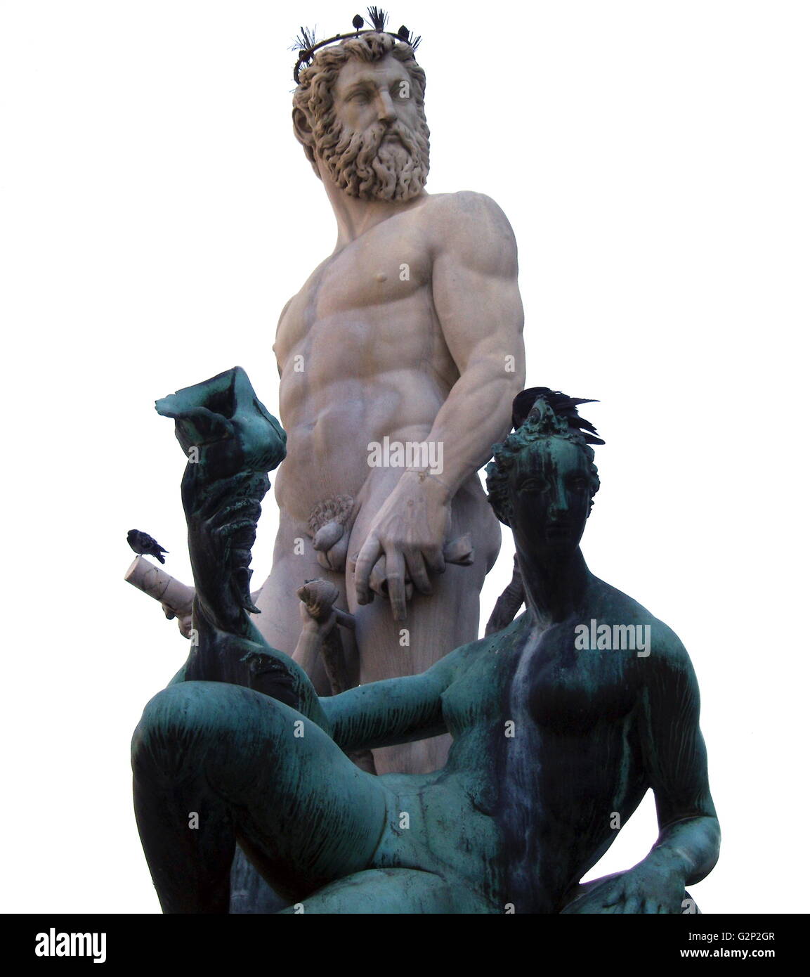 La fontaine de Neptune de la Piazza della Signoria (un carré en face du Palazzo Vecchio) Florence, Italie. Elle a été commandée en 1565 et est par le sculpteur Bartolomeo Ammannati, cependant le design a été fait par Baccio Bandinelli avant sa mort. La sculpture est faite de marbre Apuanes, et est censée représenter la domination florentine sur la mer. Elle a été commandée pour un mariage, et le visage de Neptune ressemble à celui de Cosimo I de Médicis, duc de Florence/Grand-duc de Toscane, et père du marié. Banque D'Images