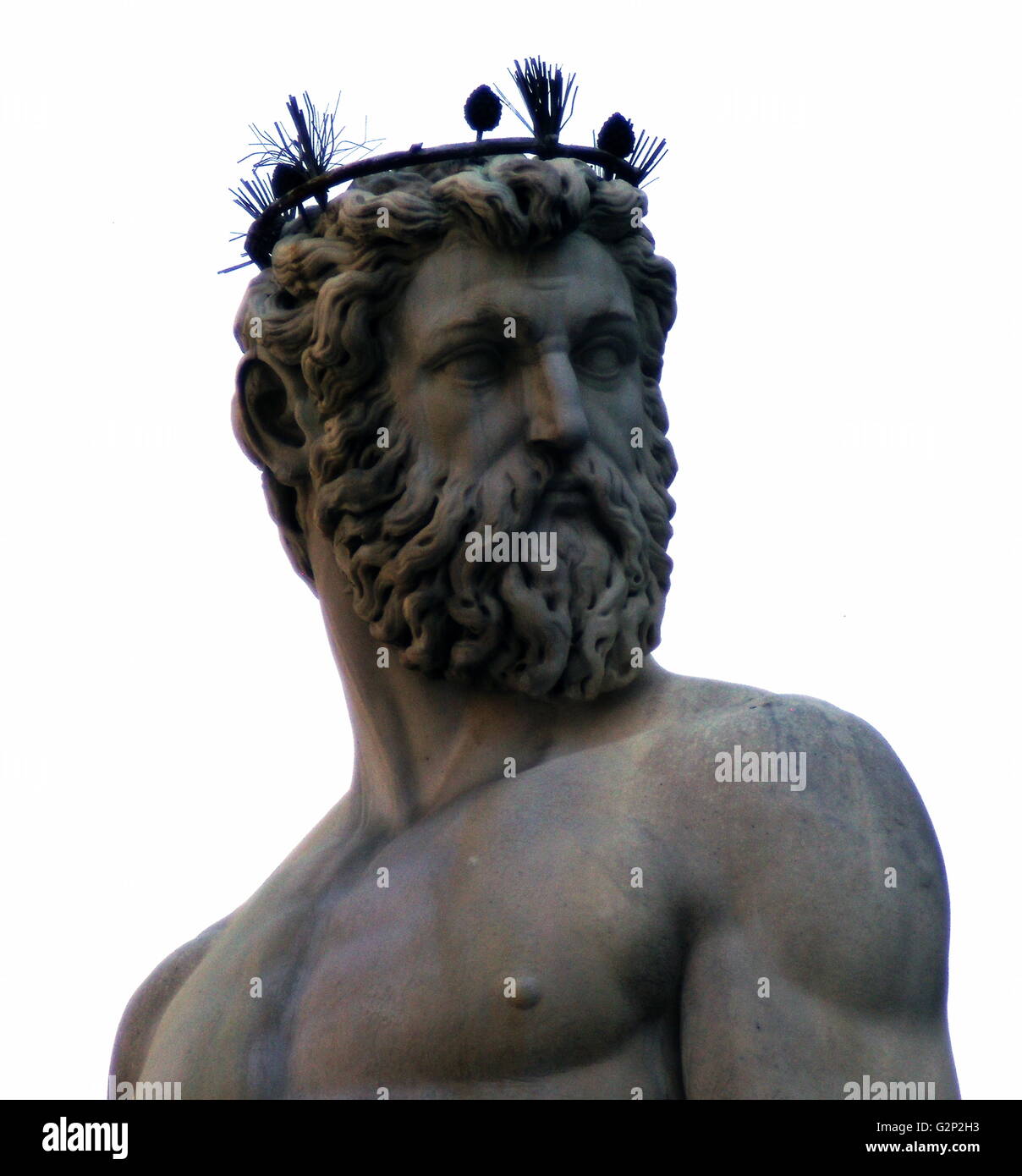 Détail de la fontaine de Neptune de la Piazza della Signoria (un carré en face du Palazzo Vecchio) Florence, Italie. Elle a été commandée en 1565 et est par le sculpteur Bartolomeo Ammannati, cependant le design a été fait par Baccio Bandinelli avant sa mort. La sculpture est faite de marbre Apuanes, et est censée représenter la domination florentine sur la mer. Elle a été commandée pour un mariage, et le visage de Neptune ressemble à celui de Cosimo I de Médicis, duc de Florence/Grand-duc de Toscane, et père du marié. Banque D'Images