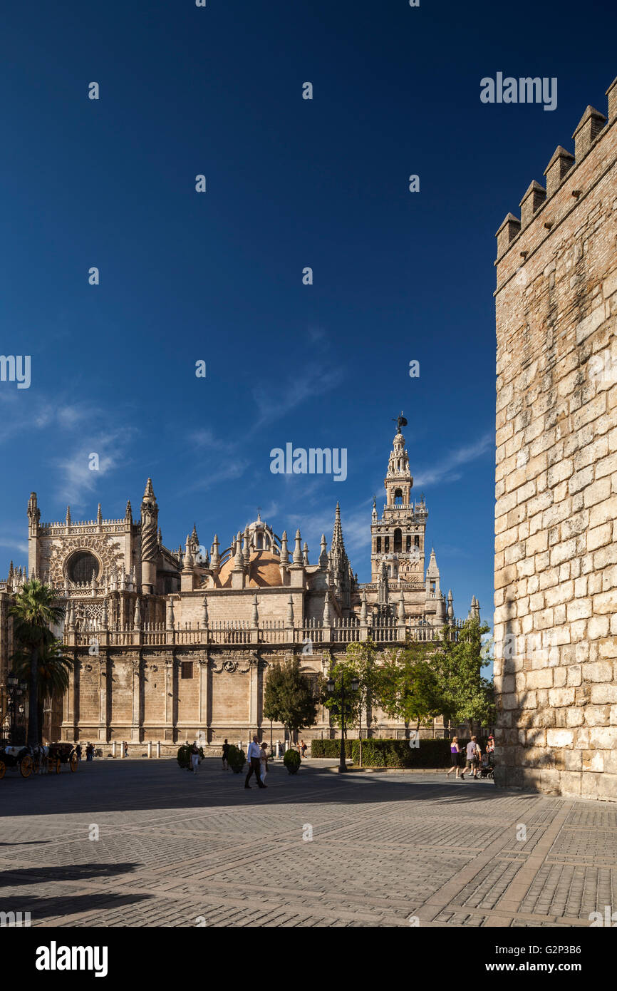 Côté Sud de la Cathédrale de Séville (à gauche), et les murs de l'Alcazar (Château Royal, à droite), de l'Espagne. Banque D'Images