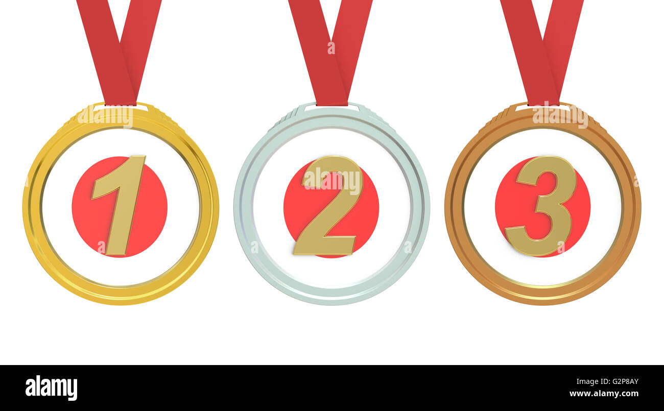 Or, l'argent et le bronze avec drapeau japonais, rendu 3D isolé sur fond blanc Banque D'Images