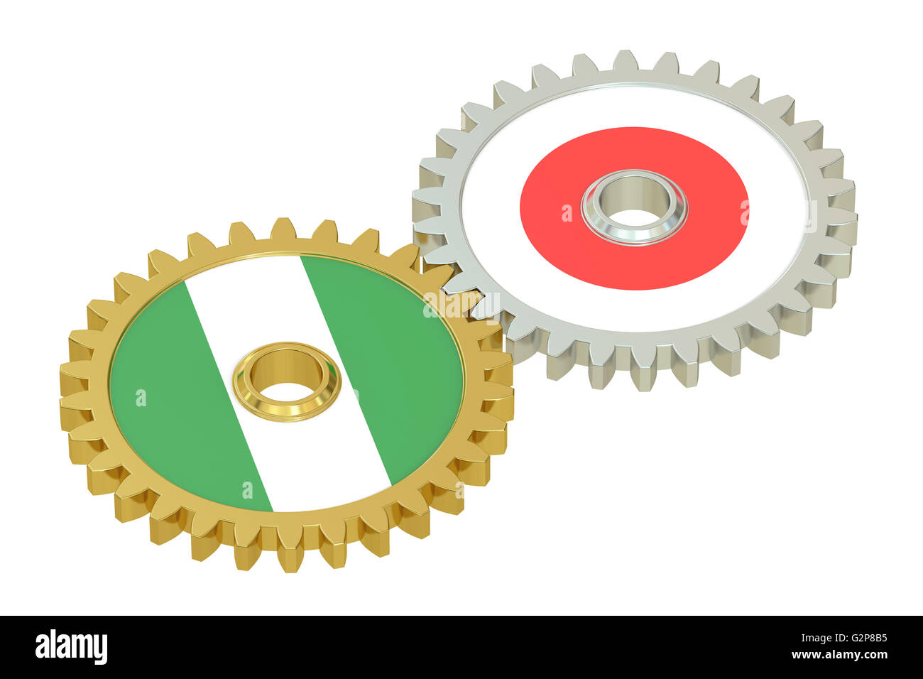Le Japon et le Nigéria les drapeaux sur les pignons d'un rendu 3D, isolé sur fond blanc Banque D'Images