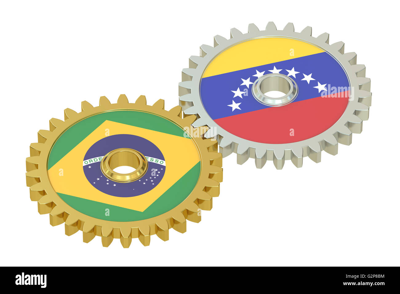 Le Venezuela et le Brésil, les drapeaux sur les pignons d'un rendu 3D, isolé sur fond blanc Banque D'Images