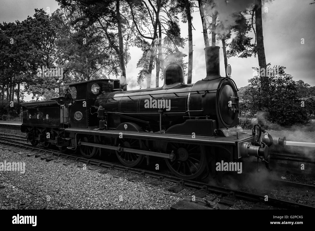 Train vapeur le long des voies sur le chemin de fer nord Norfolk Banque D'Images