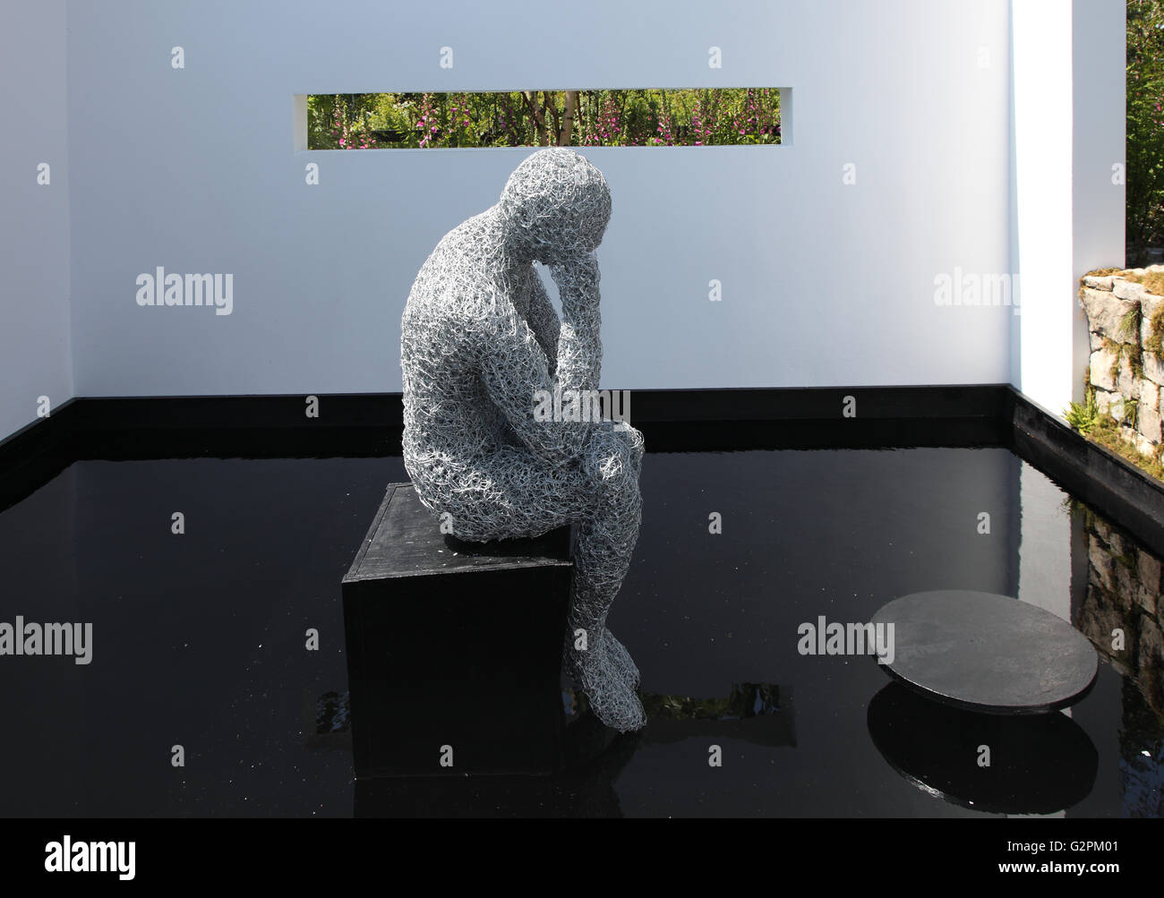 Sculpture de fil par Gwen Wilkinson dans Barry Kavanagh jardin, à travers les frontières, voir jardin de fleurs 2016, Irlande's premier Garden Show Banque D'Images