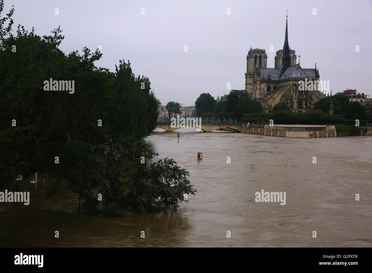 Inondations de Paris le 02 juin 2016 à Paris, France. La montée des eaux de la Seine a débordé les berges des rivières, des routes et voies ferroviaires à travers Paris Banque D'Images