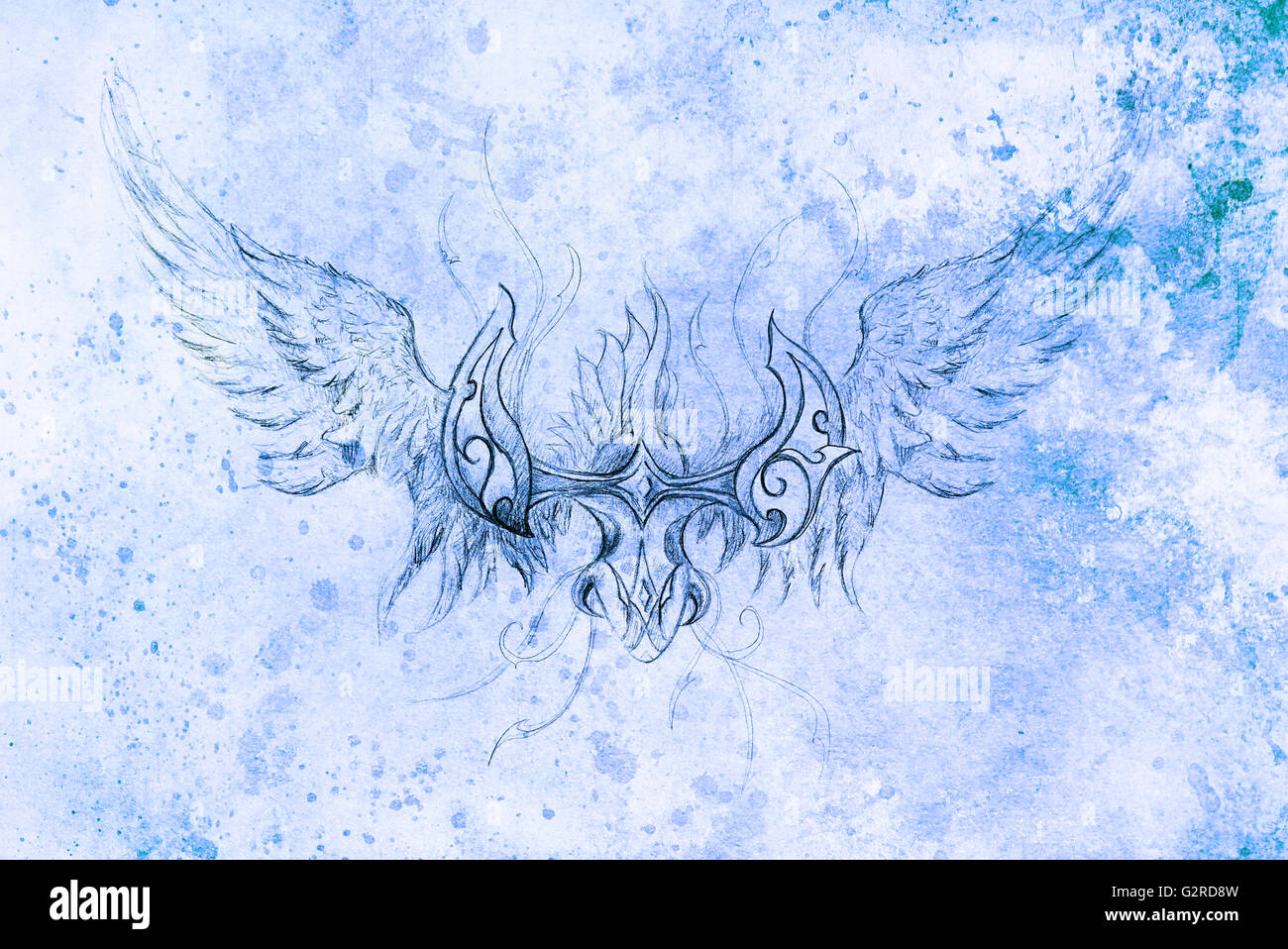 Dessin de dragon ornement. ordinateur collage et structure de couleur bleue. Effet d'hiver. Banque D'Images