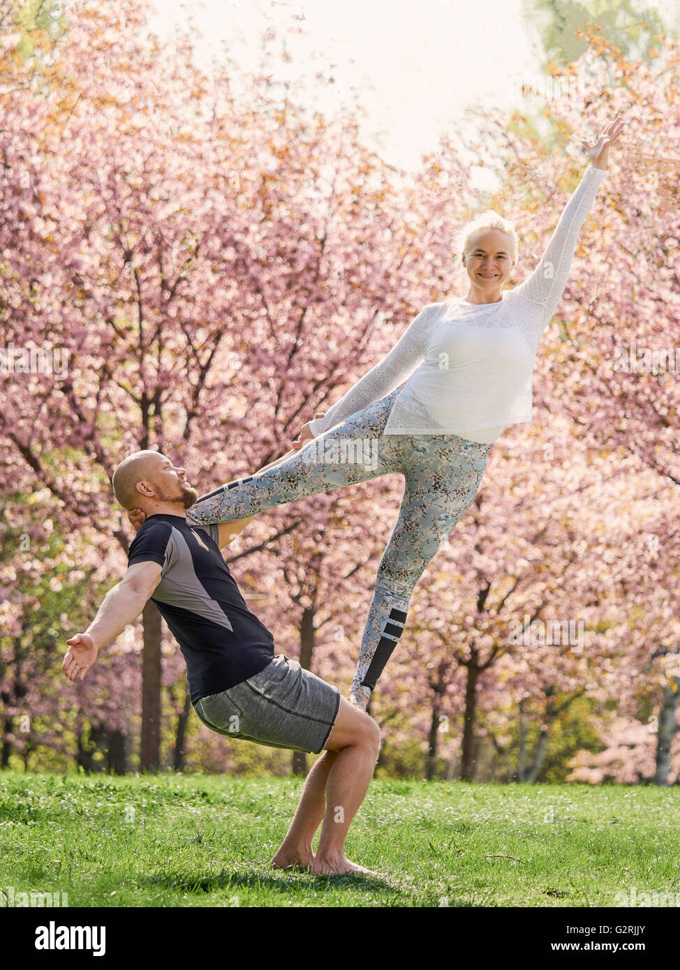 Formation Couple yoga acro dans un parc, les fleurs de cerisier sur arrière-plan, en mai au sud de la Finlande. Banque D'Images