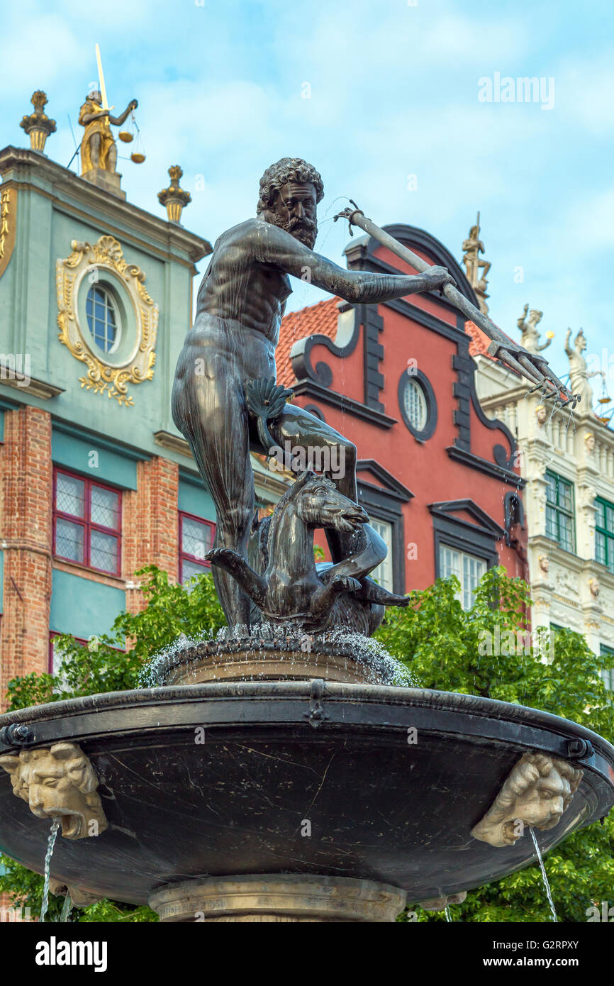 Gdansk, Pologne, la Fontaine de Neptune, le marché Long Banque D'Images