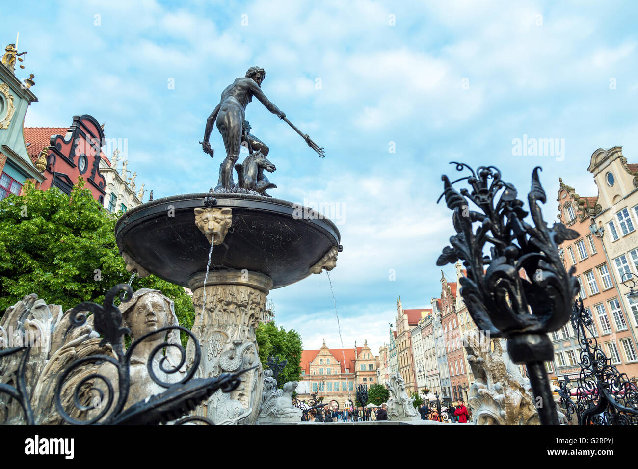 Gdansk, Pologne, la Fontaine de Neptune, le marché Long Banque D'Images