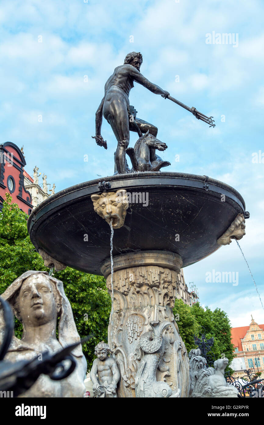 Gdansk, Pologne, la Fontaine de Neptune, le marché Long Banque D'Images