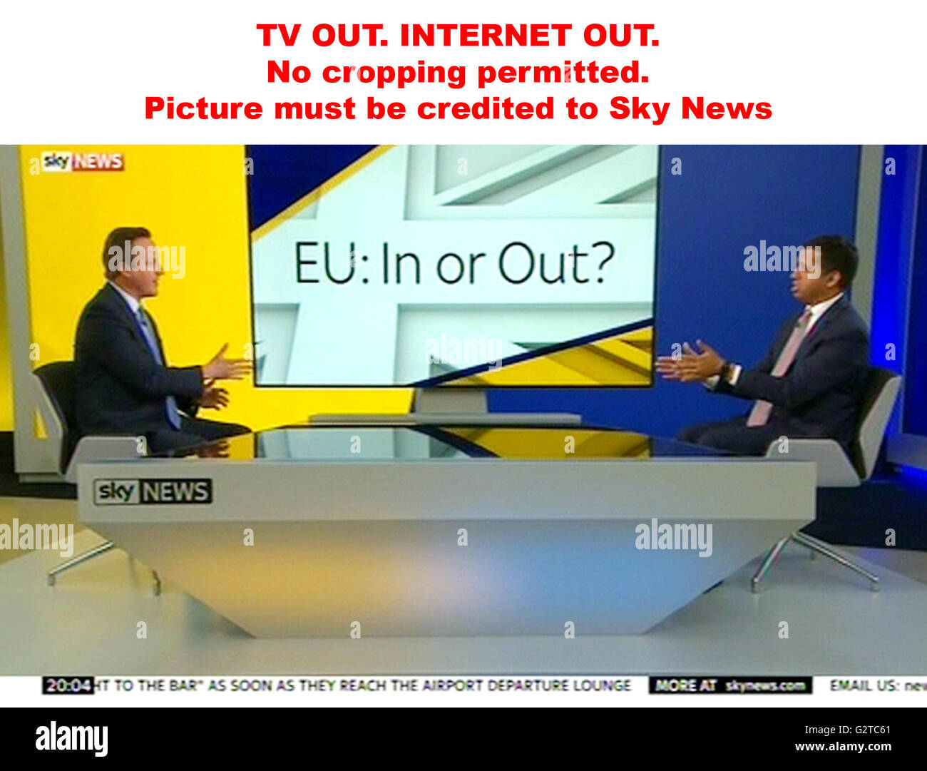 Sortie TV. Sur internet. Pas de permis de culture. Photo doivent être crédités sur Sky News. Nous sommes informés qu'videograbs ne doit pas être utilisé plus de 48 heures après l'heure de transmission originale, sans le consentement du titulaire du droit d'auteur. Grab vidéo prises de Sky News du premier ministre David Cameron d'être interviewé par Faisal Islam au Sky Studios à Osterley, à l'ouest de Londres. Banque D'Images