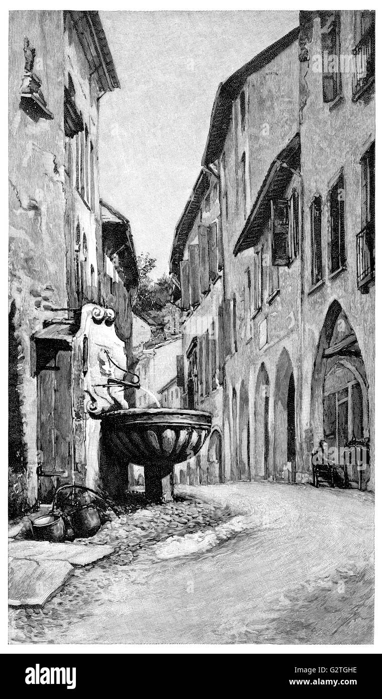 Gravure en noir et blanc de la rue principale de la ville italienne d'Asolo. Banque D'Images