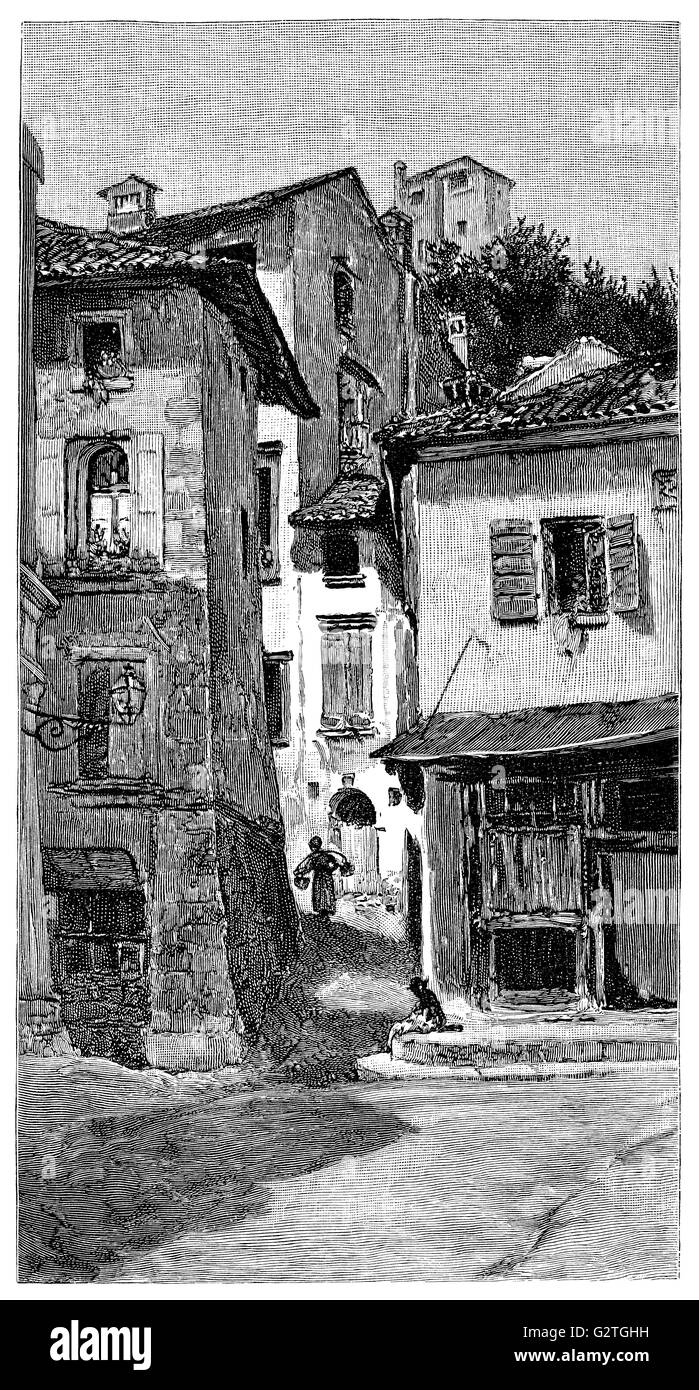 Gravure en noir et blanc de Belvedere Alley dans la ville italienne d'Asolo. Banque D'Images