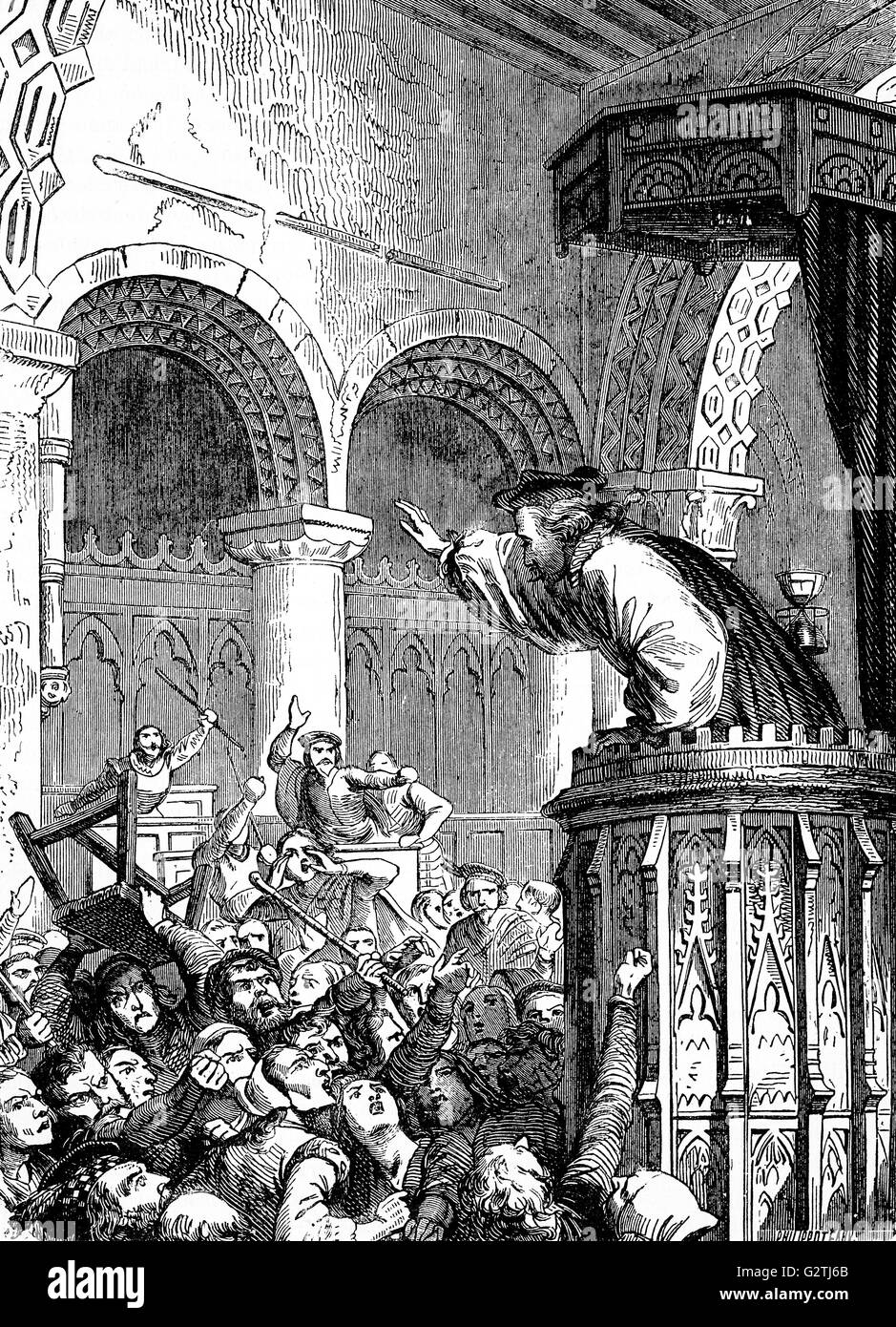 Le dimanche 23 juillet 1637 les efforts déployés par Charles I et l'Archevêque Laud d'imposer des services sur l'Église anglicane de l'Écosse a conduit à le livre de la prière commune révisée pour utiliser écossais étant introduit en St Giles. L'émeute dans l'opposition a commencé lorsque le doyen d'Édimbourg, James Hannay, a commencé à lire à partir du nouveau livre de prière, promu par le marché légendaire-femme ou street-vendeur Jenny Geddes jetant son tabouret à la tête. Banque D'Images