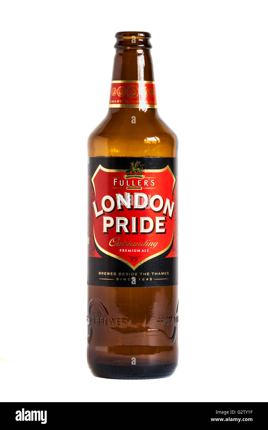 Bouteille de Fuller's London Pride Premium Ale. London Pride tient son nom de la Saxifraga × urbium fleur. Banque D'Images