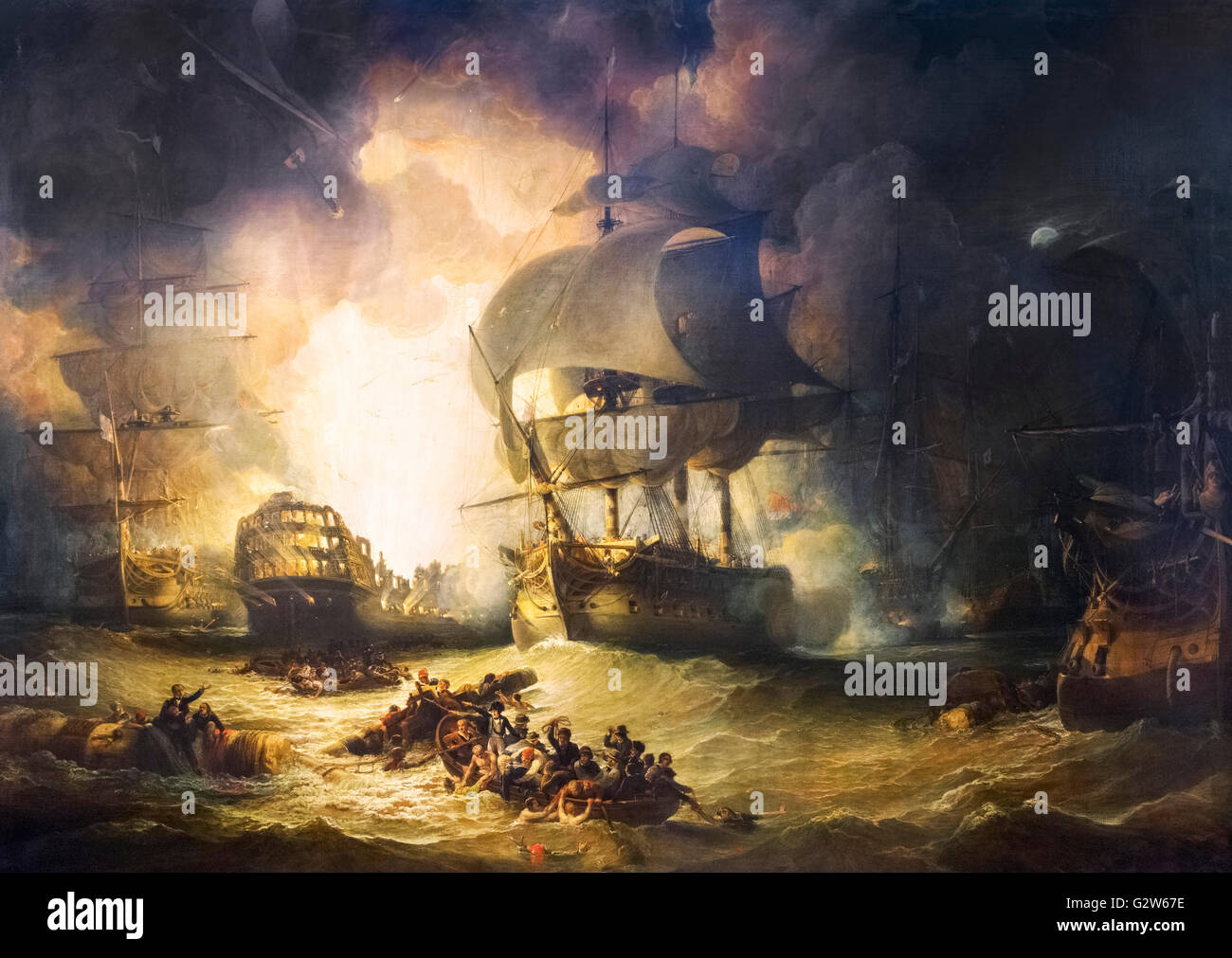 'La destruction de 'L'Orient' à la bataille du Nil, 1 août 1798", par George Arnald, huile sur toile, 1825-1827. Banque D'Images