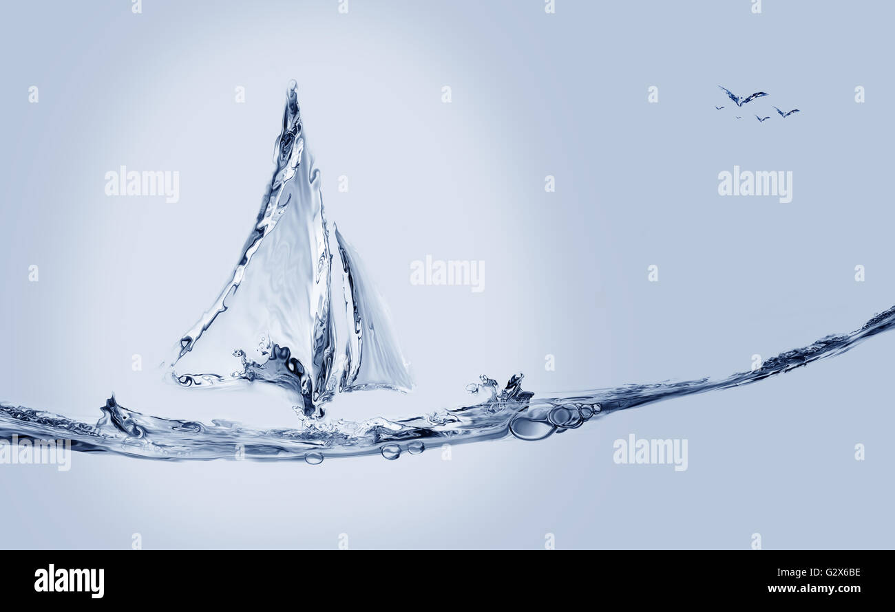 Un bateau de l'eau bleu de l'eau voile avec des oiseaux au loin. Banque D'Images