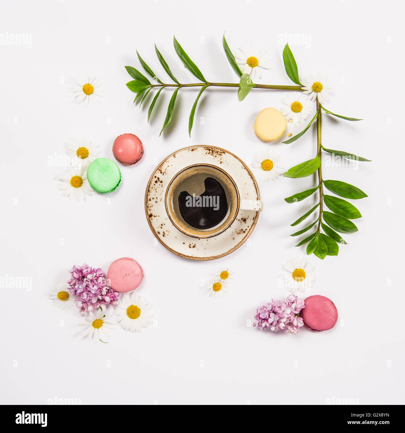 Le café, macarons, cookies français fleurs de printemps. Télévision Floral lay. Concept minimal Banque D'Images