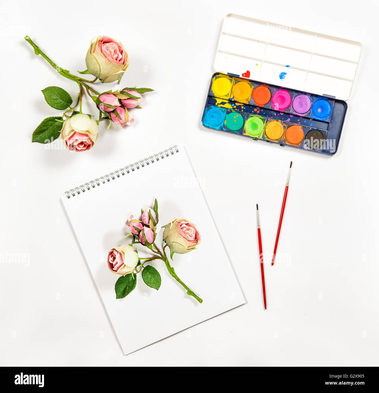 Sketchbook, aquarelle, pinceaux, papier, fleurs de rose. Contexte artistique. Mise à plat Banque D'Images