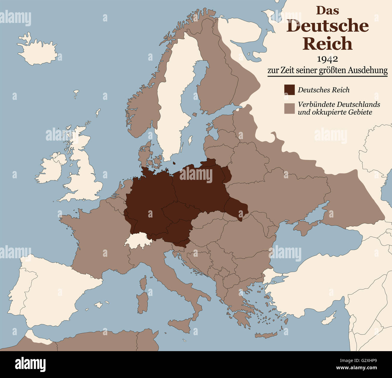 Troisième Reich à son apogée en 1942. La carte de l'Allemagne nazie en Europe dans la seconde guerre mondiale. Marquage en allemand ! Banque D'Images