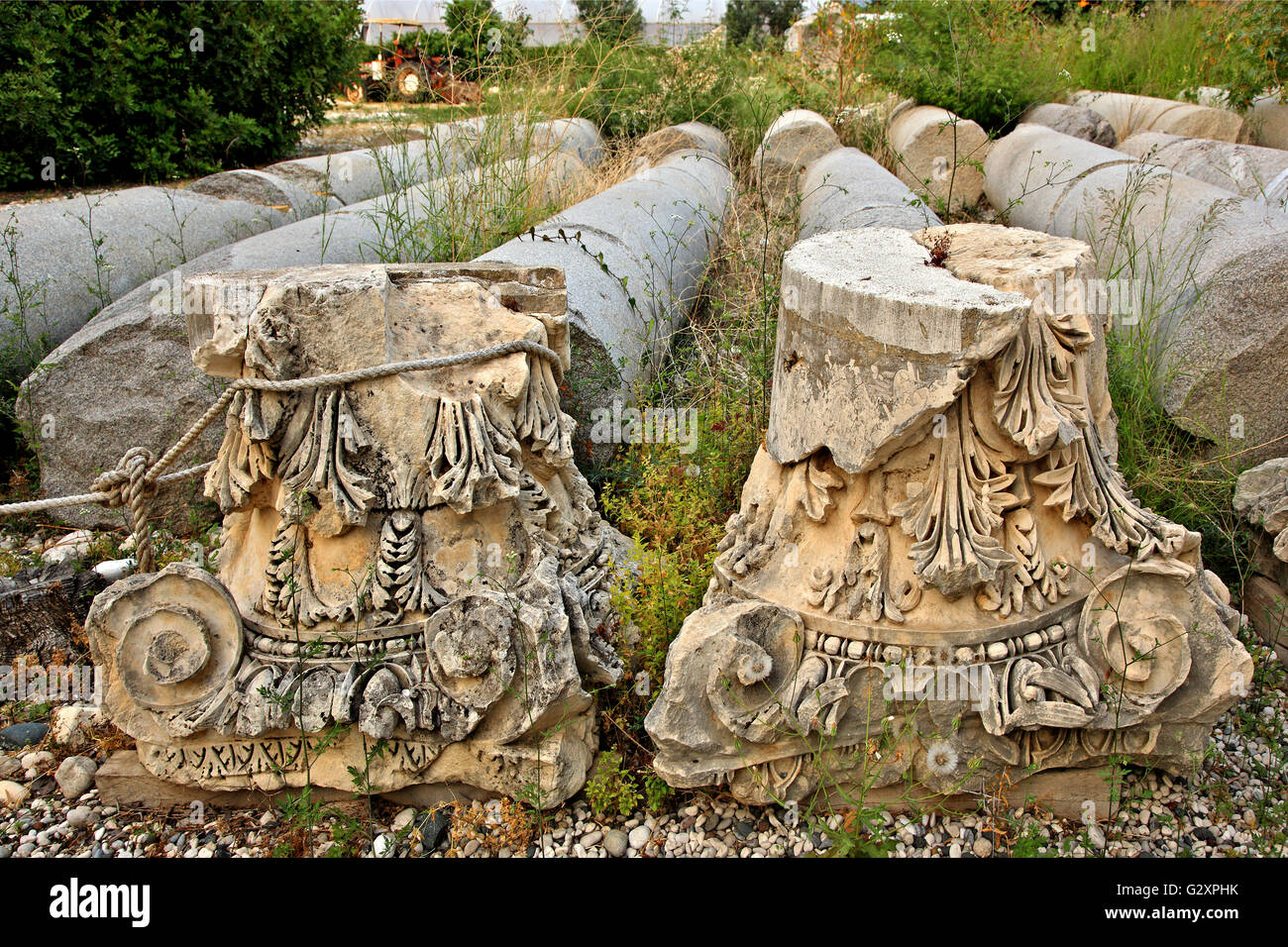 Capitales de la colonne d'ordre corinthien sur le site archéologique de l'antique Myra, Demre, Lycie, province d''Antalya, Turquie. Banque D'Images