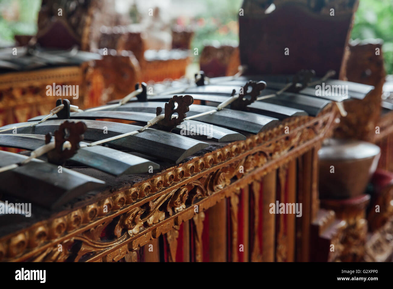 Instruments de musique percussive traditionnelle balinaise pour 'Gamelan' musique d'ensemble, Ubud, Bali, Indonésie. Banque D'Images