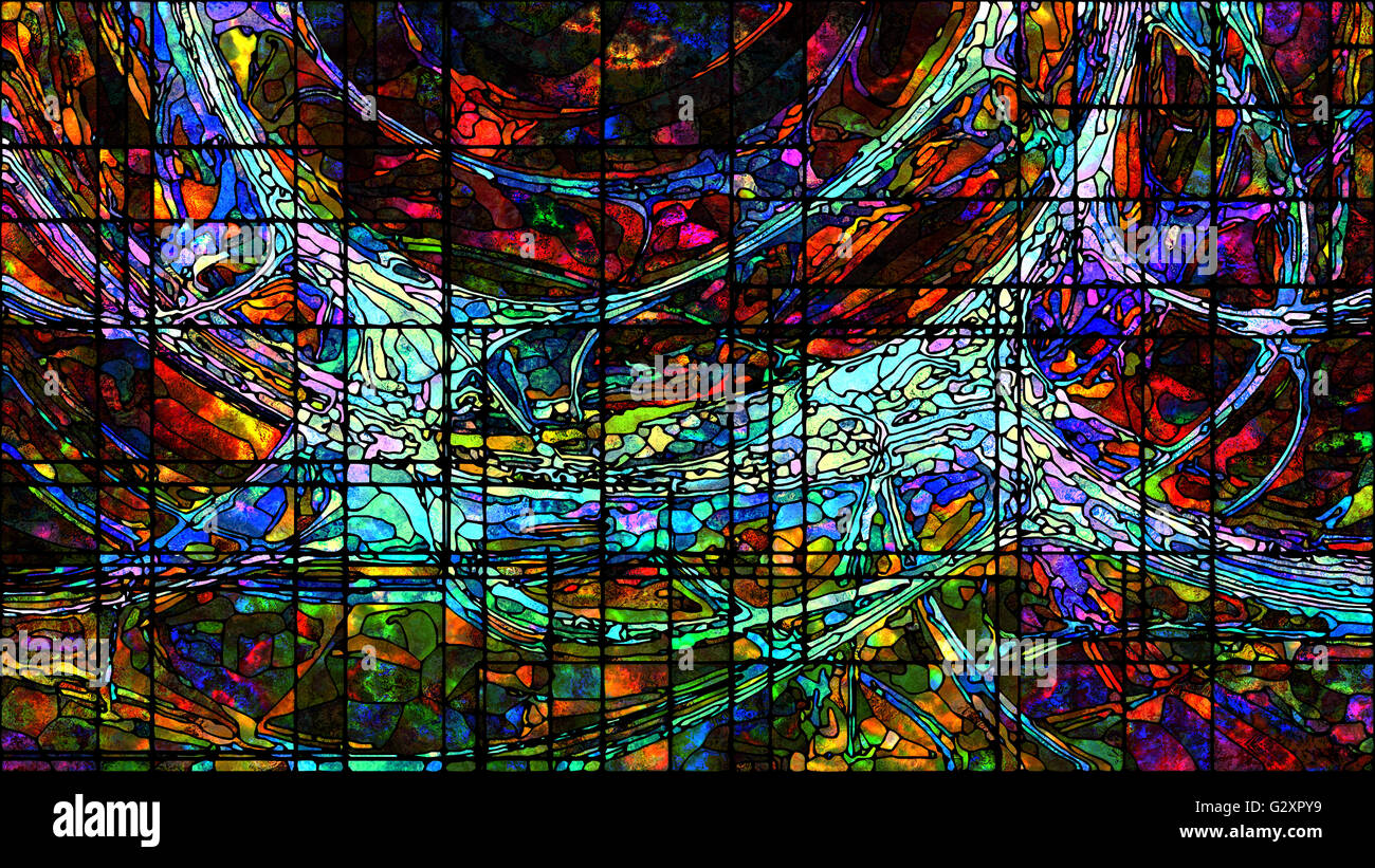 Série de vitraux. Interaction des patrons de vitraux colorés sur le thème de l'art, le design et les forces de la nature pour l'utilisation des Banque D'Images