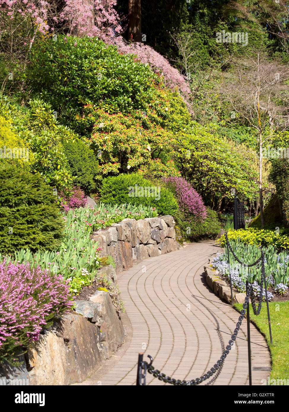 Les Butchart Gardens au printemps, le jardin en contrebas Banque D'Images