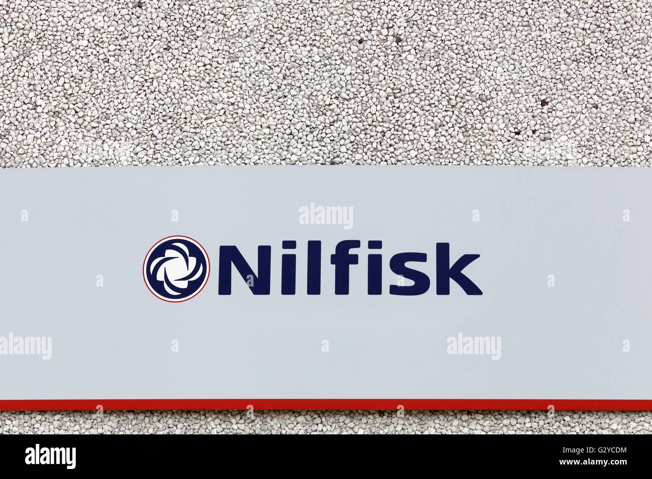 Nilfisk signe sur un mur. Banque D'Images