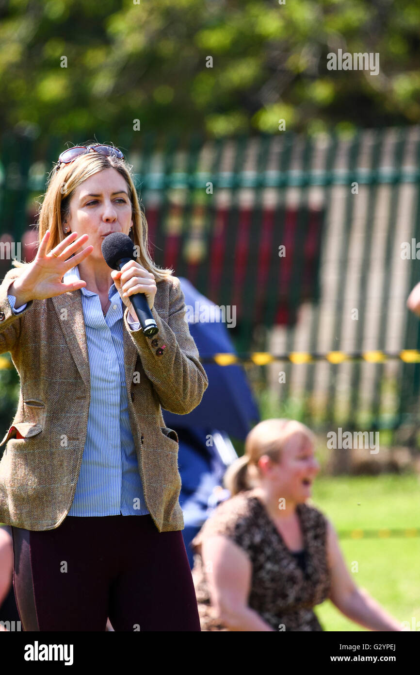 Leeds, UK. Le 05 juin, 2016. Andrea Jenkyns juger de la Morley Dartmouth park dog show, député de Morley et Outwood, Andrea Jenkyns prend le temps de son horaire chargé de juger à sa section locale dog show à Morley près de Leeds. Le MP qui avaient détrôné Ed Balls dans l'élection générale de mai 2015 brexit est la sauvegarde de l'Union européenne. Jenkyns a remporté le premier prix elle-même en 2015 à la Westminster e dog show avec ses deux mini Schnauzer appelé l'un et l'autre dame Godiva. Prise sur le 5 juin 2016 à Morley près de Leeds. Crédit : Andrew Gardner/Alamy Live News Banque D'Images