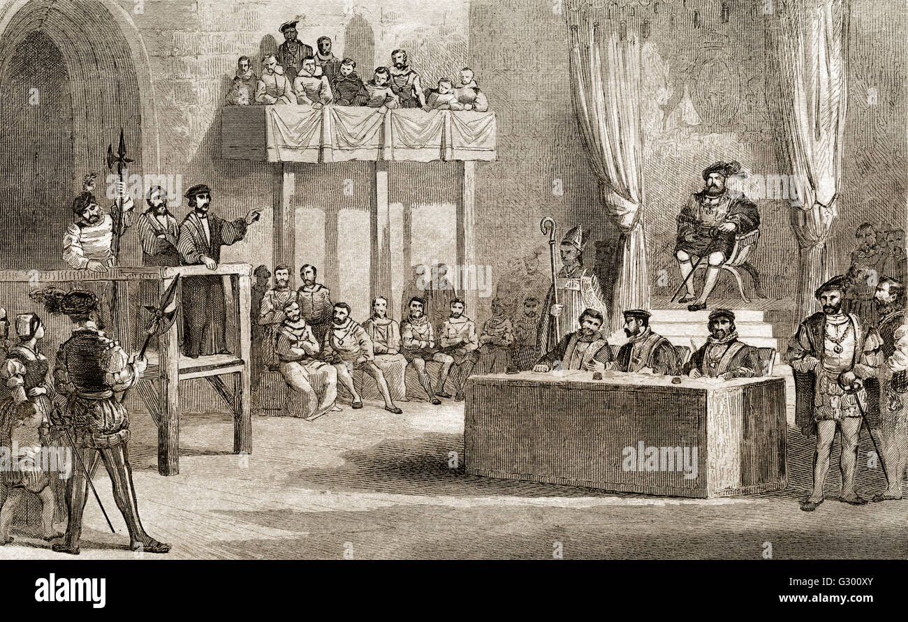 Le procès de John Lambert avant le Roi Henry VIII, Westminster, Angleterre, 1538 Banque D'Images