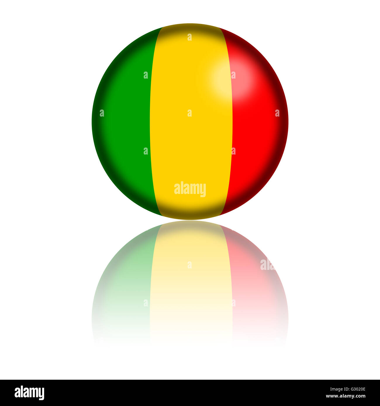 Sphère 3D ou de l'insigne du Mali drapeau avec une réflexion au fond. Banque D'Images