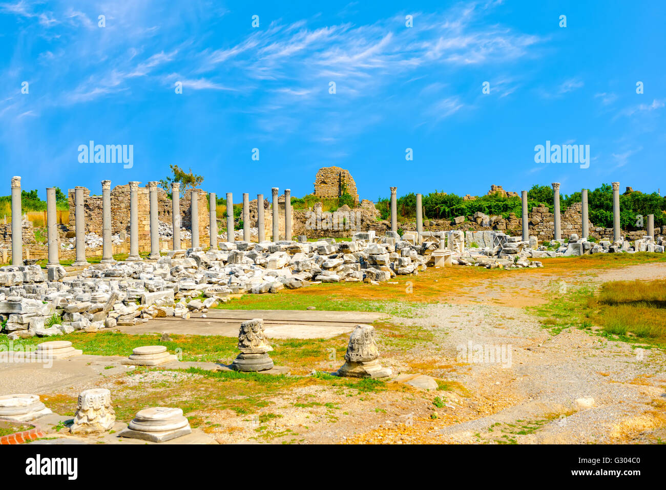 Ruines du temple de la déesse chance Tyché Empire romain, Side, Turquie, voyage historique Banque D'Images