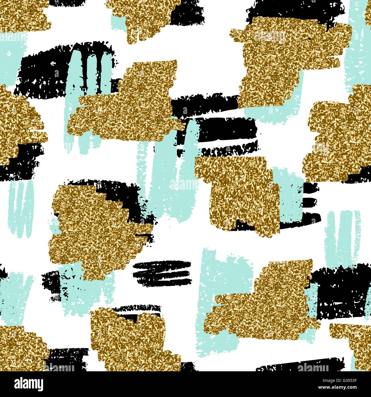 Résumé motif répétitif sans couture avec des formes abstraites dans gold glitter, bleu clair et noir sur fond blanc. Illustration de Vecteur
