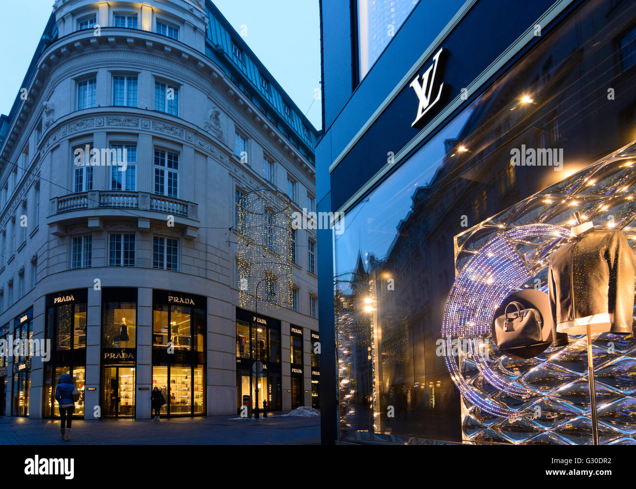 Magasins de produits de luxe de Louis Vuitton et Prada en Bognergasse, Autriche, Wien 01., Wien, Vienne Banque D'Images