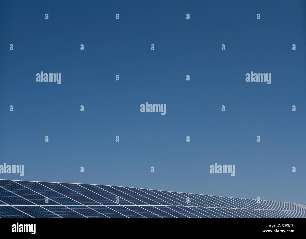 Une longue rangée de panneaux solaires générant de l'électricité propre et renouvelable sous un ciel bleu clair avec beaucoup d'espace de copie au-dessus. Banque D'Images