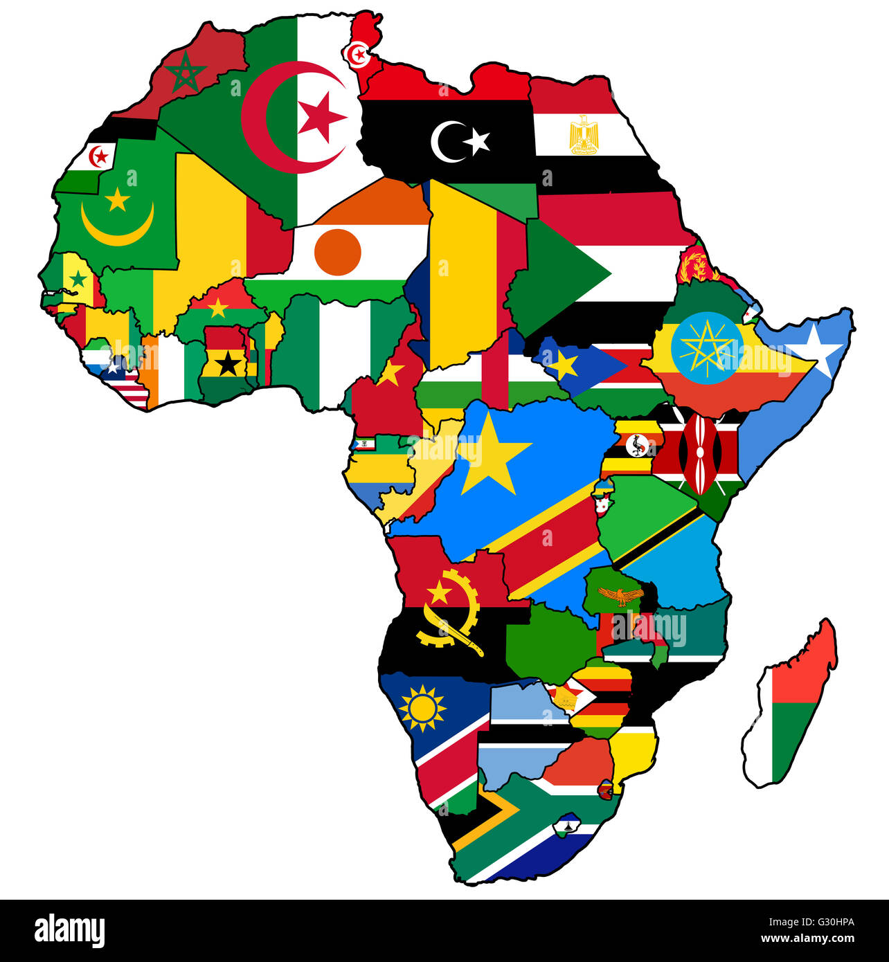 Carte politique de l'Afrique réelle avec les drapeaux et symboles Banque D'Images