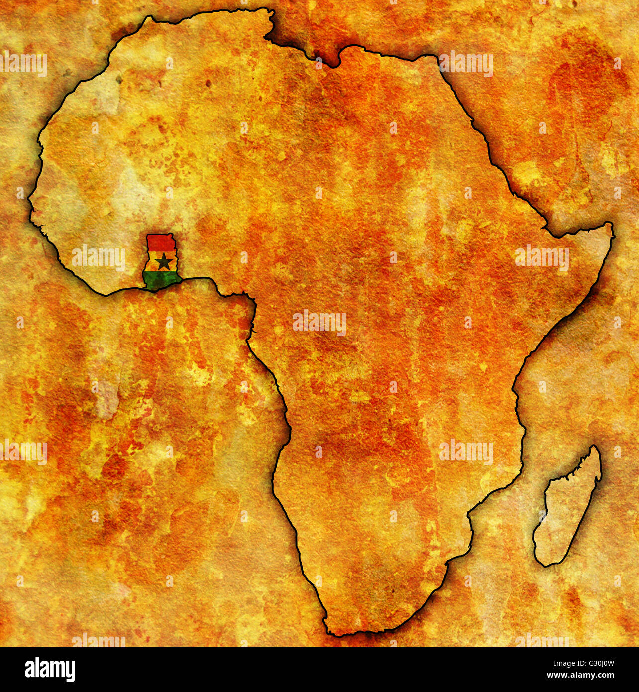 Le Ghana sur les vintage carte politique de l'Afrique avec des drapeaux Banque D'Images